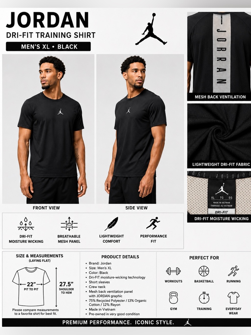 Jordan Dri-FIT Training Shirt Men's XL Black Short Sleeve Athletic Gym Tee